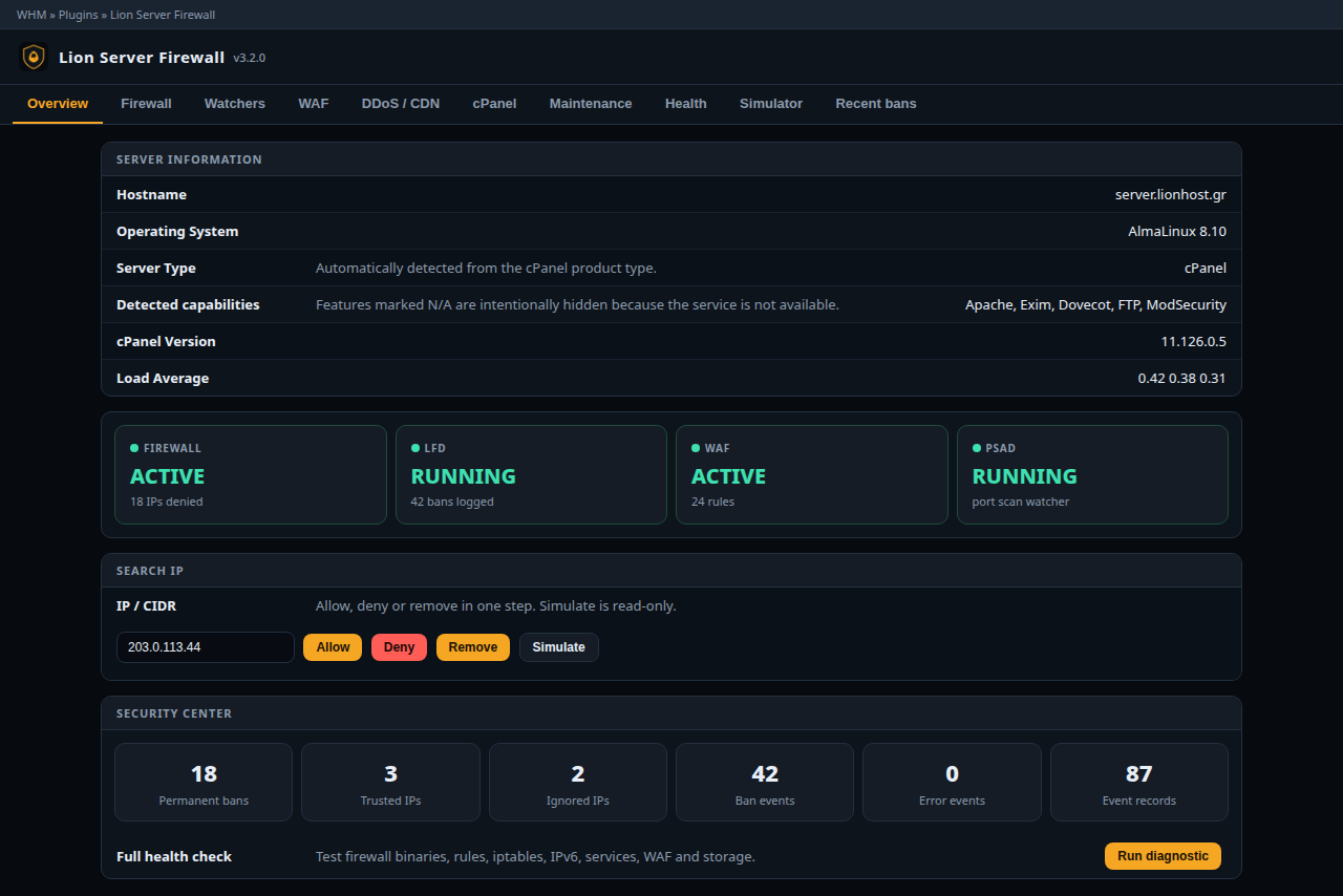 Lion Server Firewall Overview στο WHM