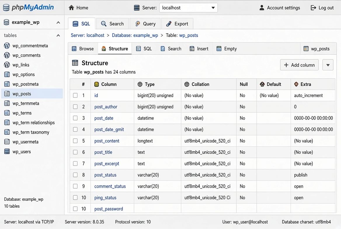 phpMyAdmin δομή πίνακα