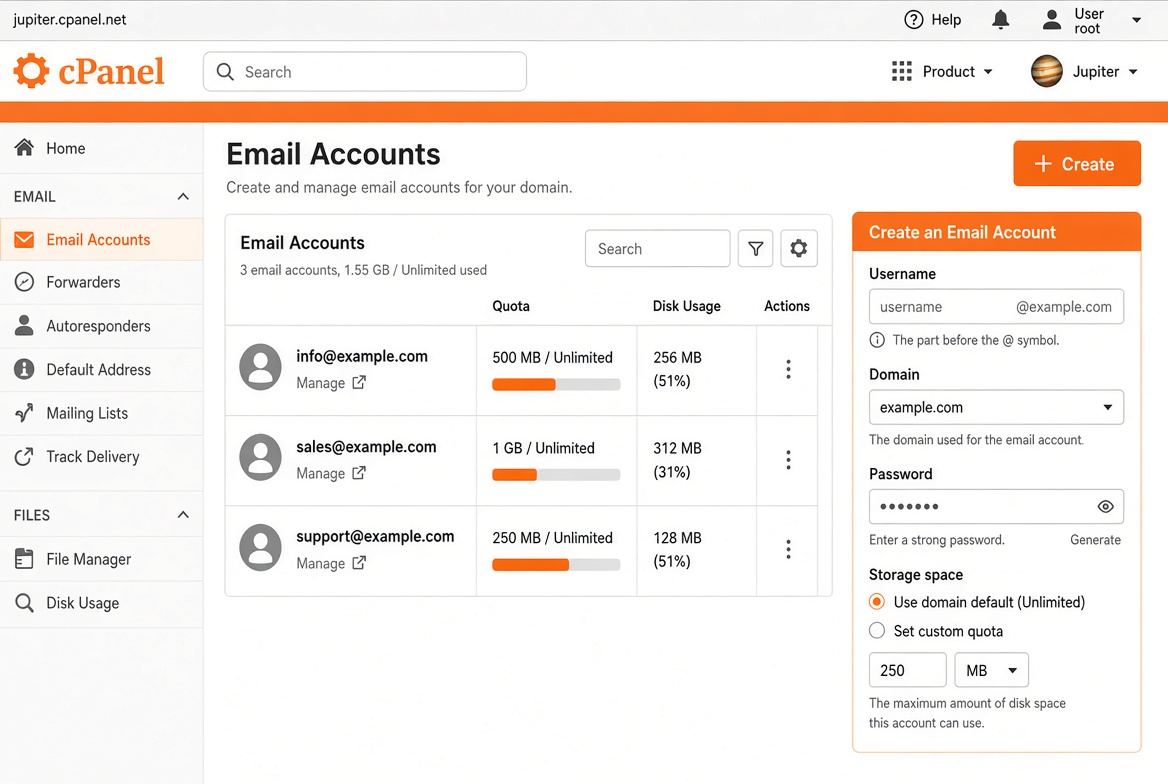 Email Accounts και φόρμα Create