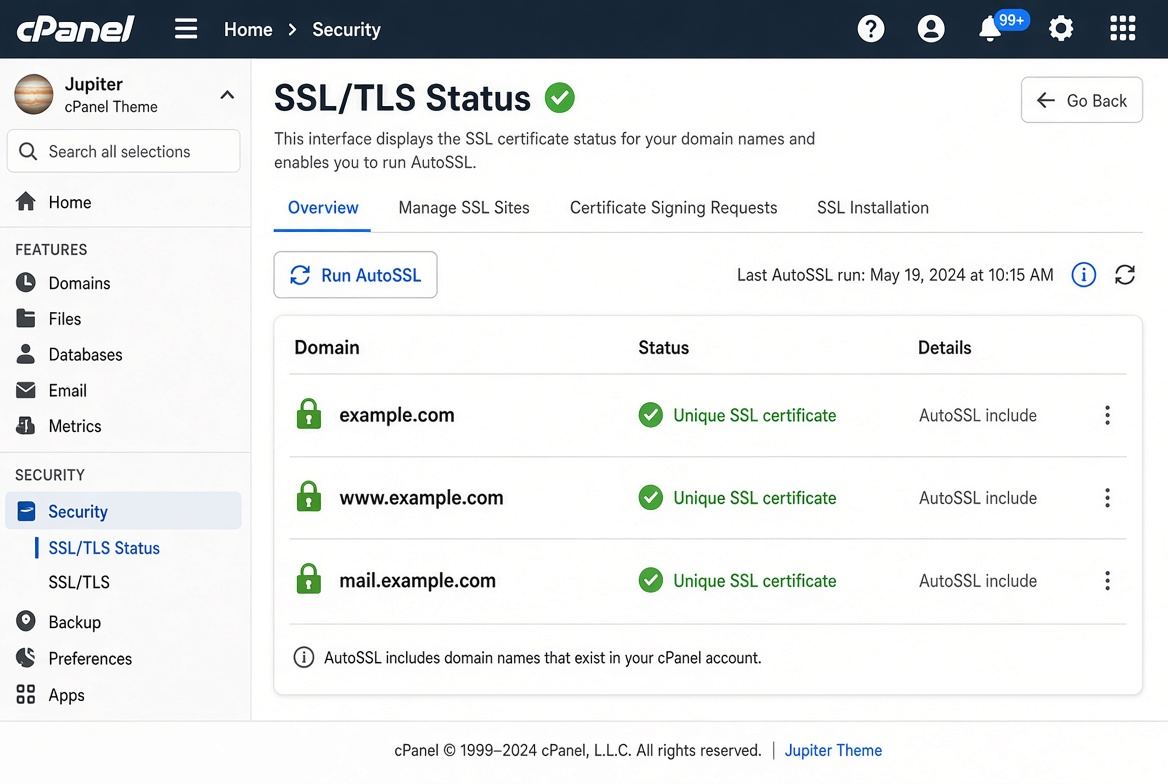 SSL/TLS Status with green padlocks