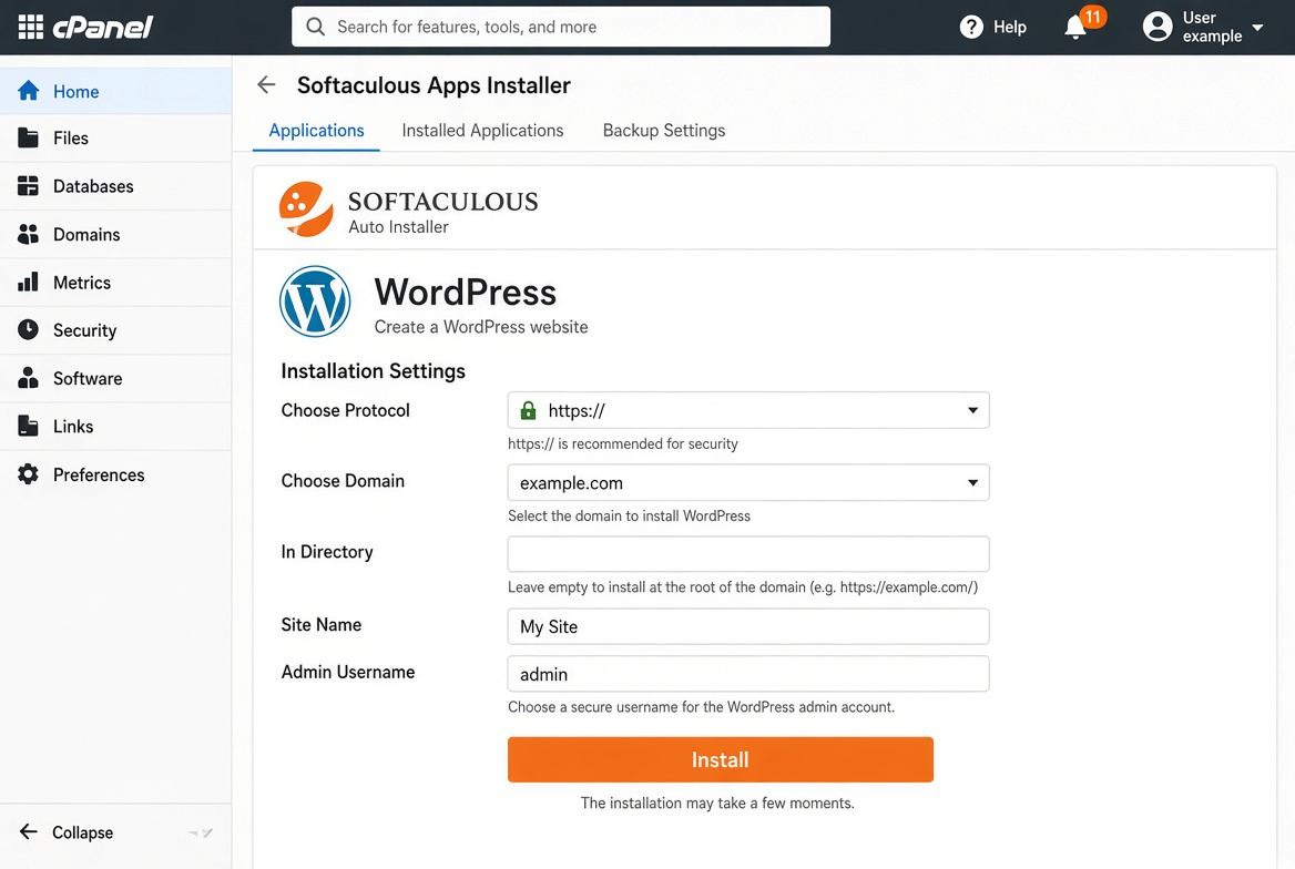 Softaculous WordPress form
