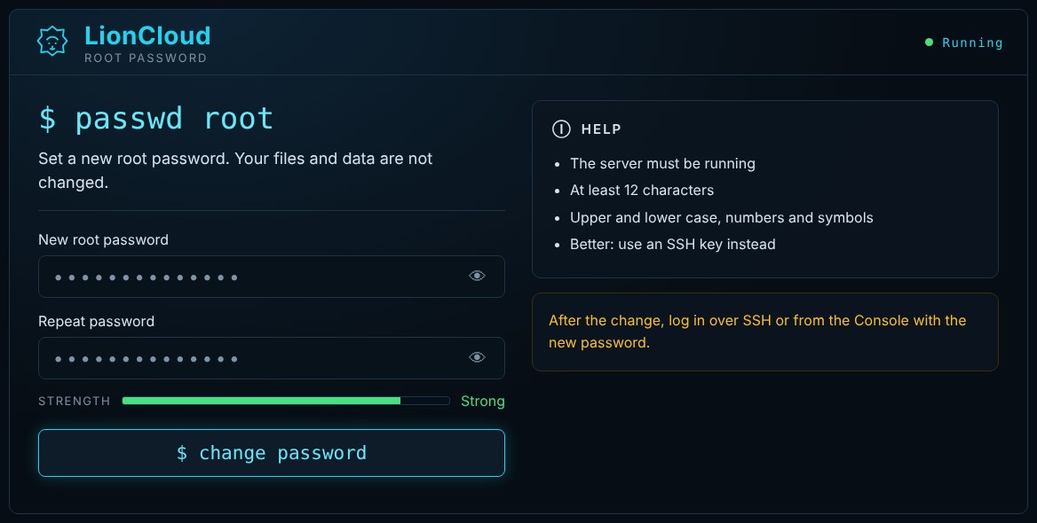 LionCloud root password reset