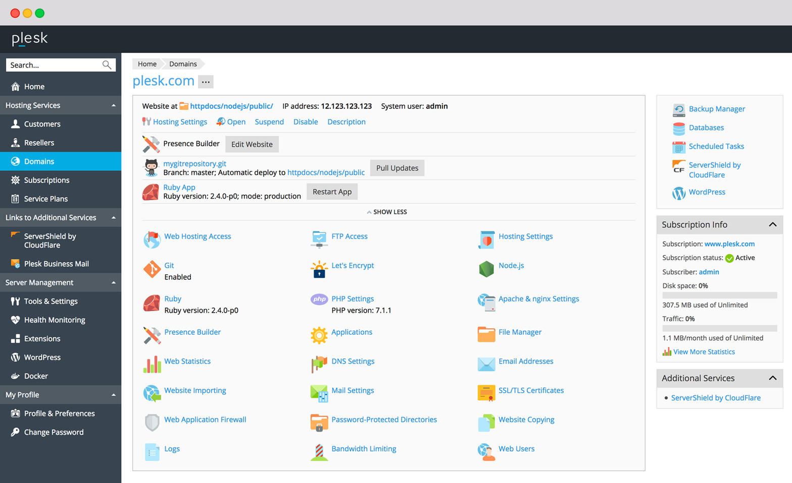 Plesk Dashboard