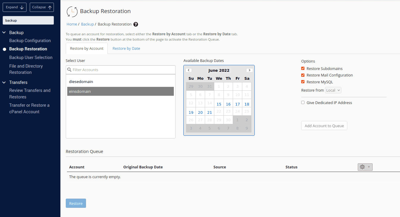 WHM Backup Restoration