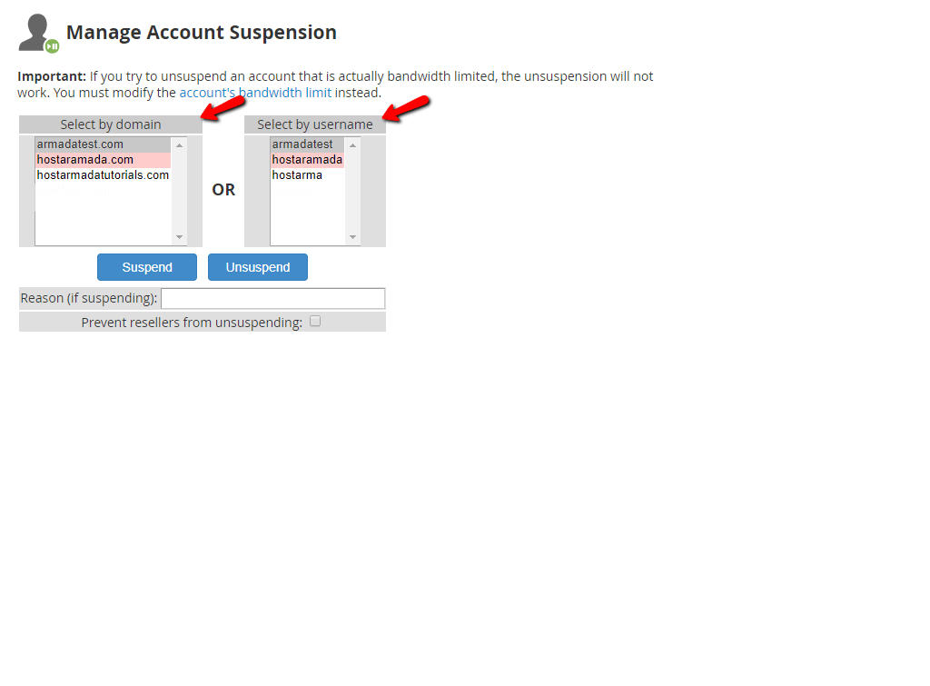 WHM Manage Account Suspension