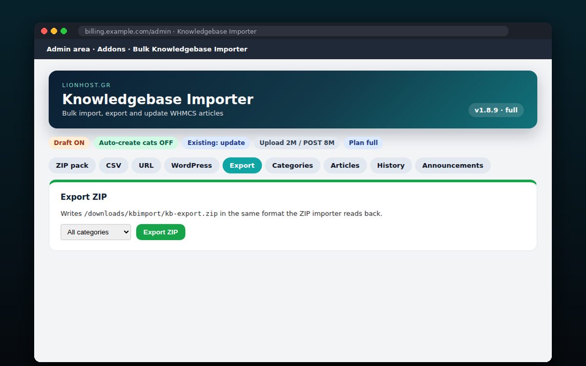 Bulk Knowledgebase Importer — Εξαγωγή για backup ή μεταφορά
