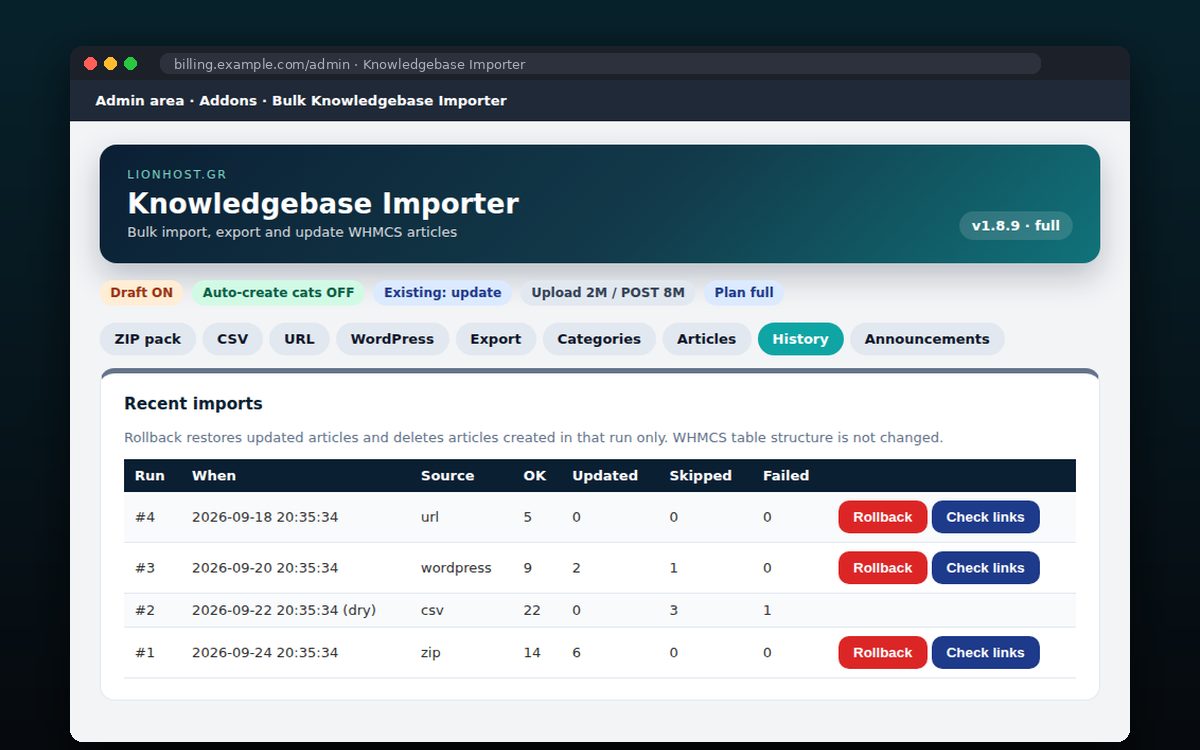 Bulk Knowledgebase Importer — Ιστορικό με δυνατότητα αναίρεσης