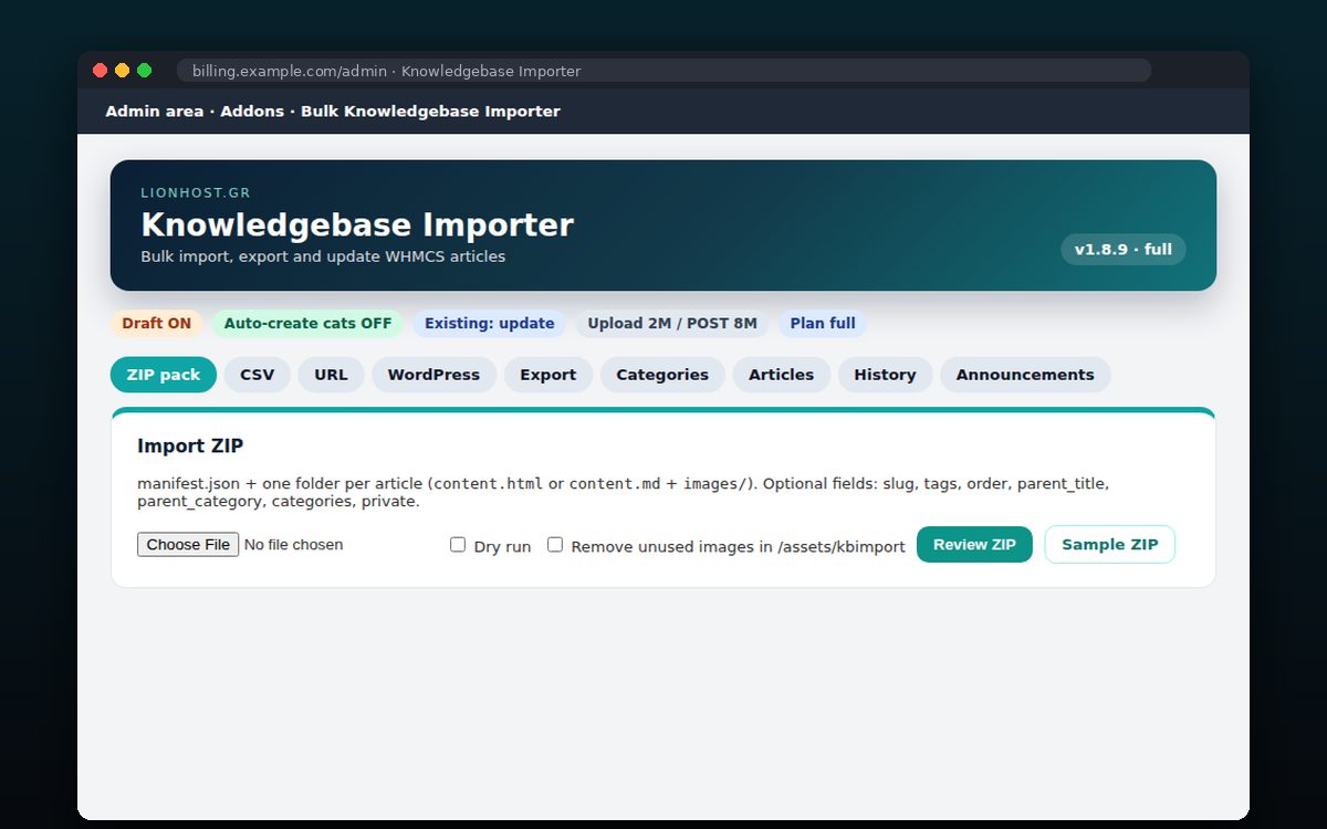 Bulk Knowledgebase Importer — Επιλογή πηγής εισαγωγής