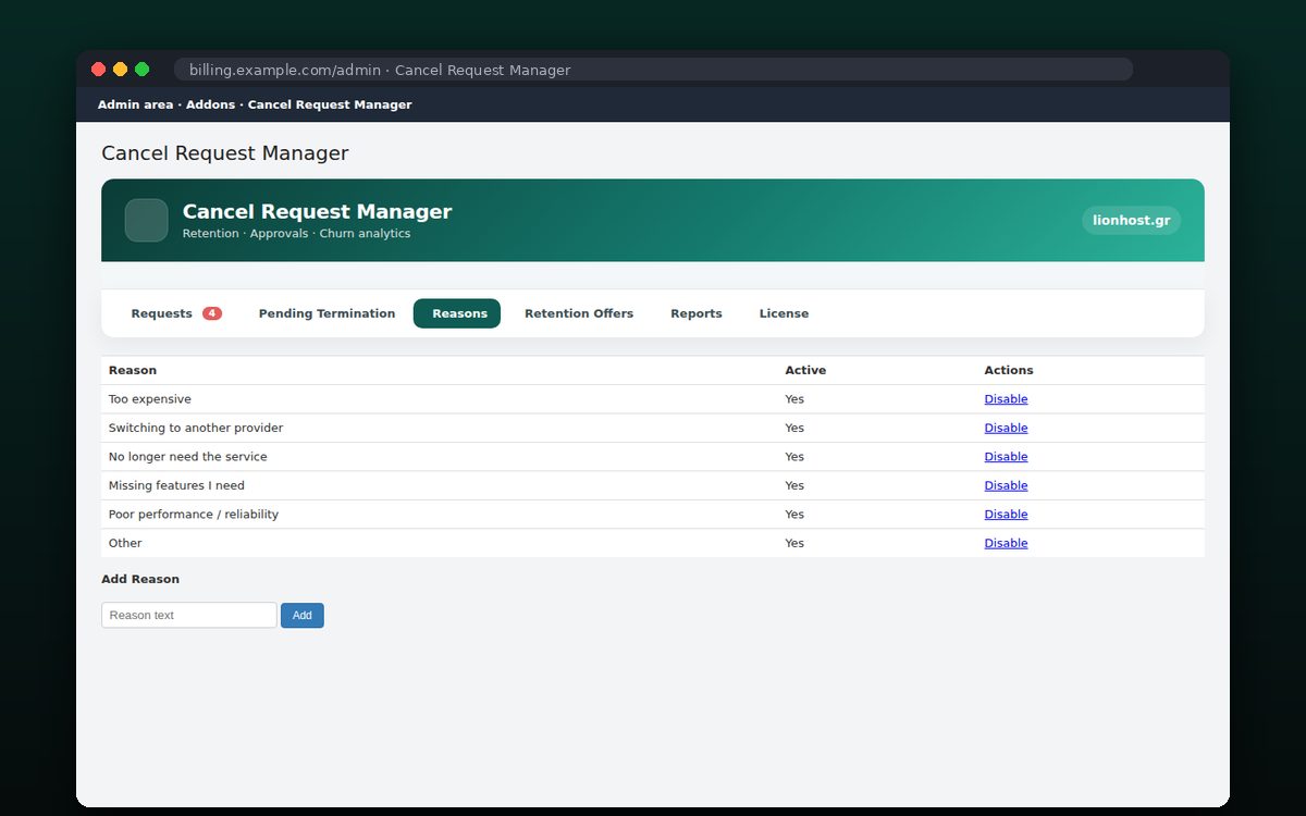 Cancel Request Manager — Ρυθμιζόμενοι λόγοι