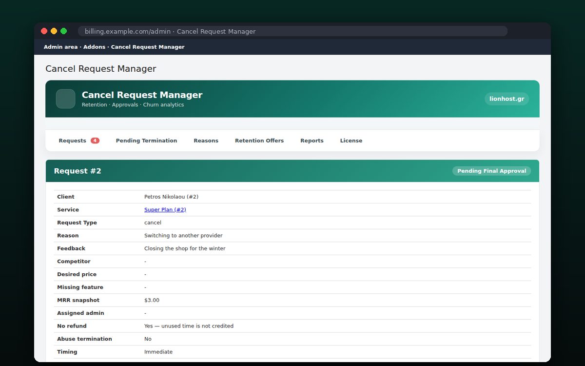 Cancel Request Manager — Κάθε αίτημα με MRR, λόγο και εκτίμηση επιστροφής