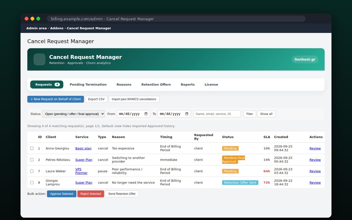 Cancel Request Manager — Ουρά αιτημάτων και SLA