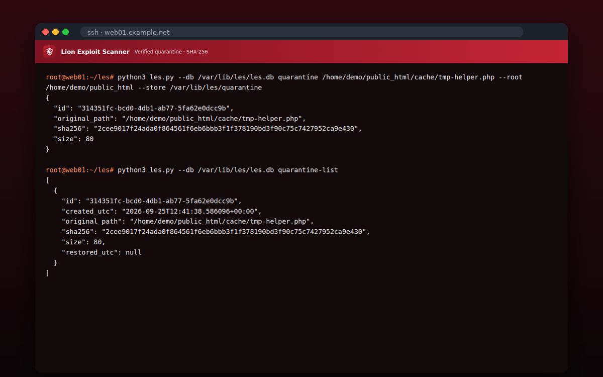 Lion Exploit Scanner — Επαληθευμένη καραντίνα
