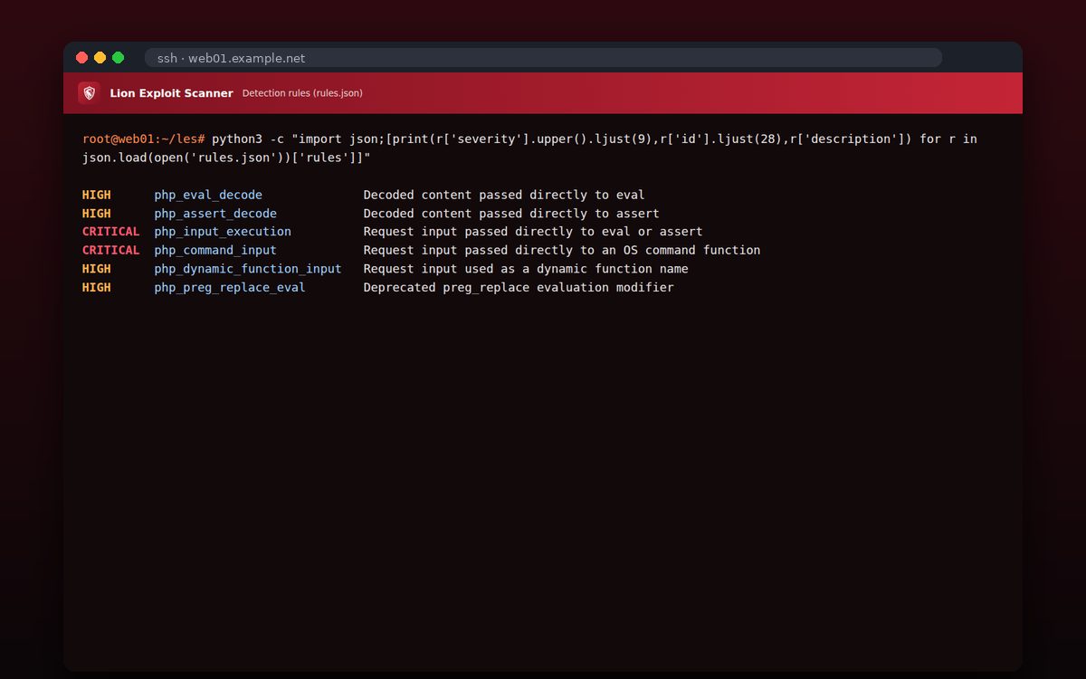Lion Exploit Scanner — Κανόνες με σοβαρότητα και περιγραφή
