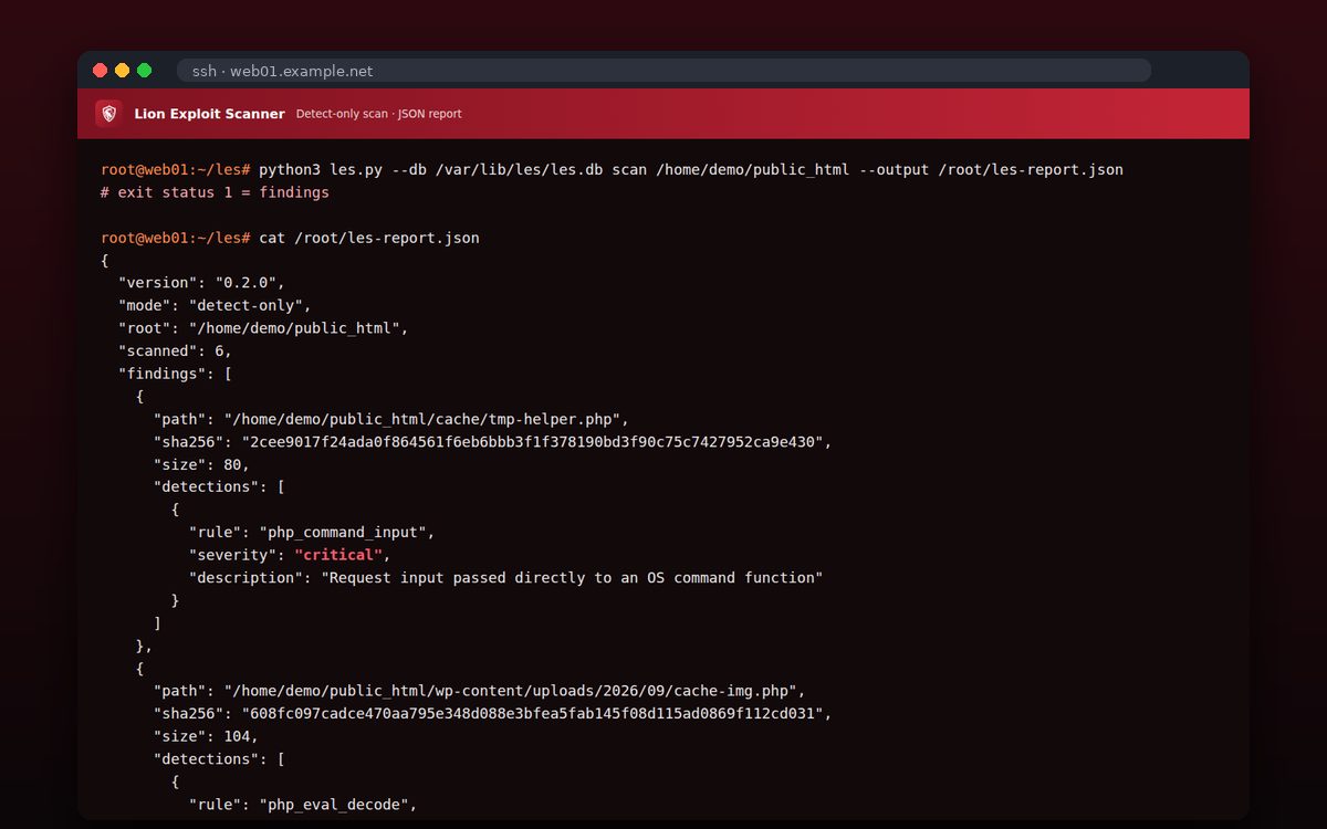 Lion Exploit Scanner — Αναφορά με SHA-256 κάθε αρχείου