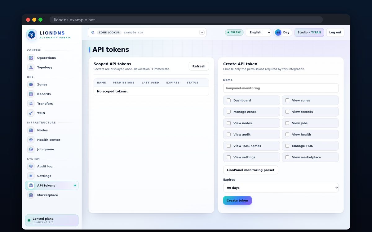 LionDNS — API tokens με δικαιώματα
