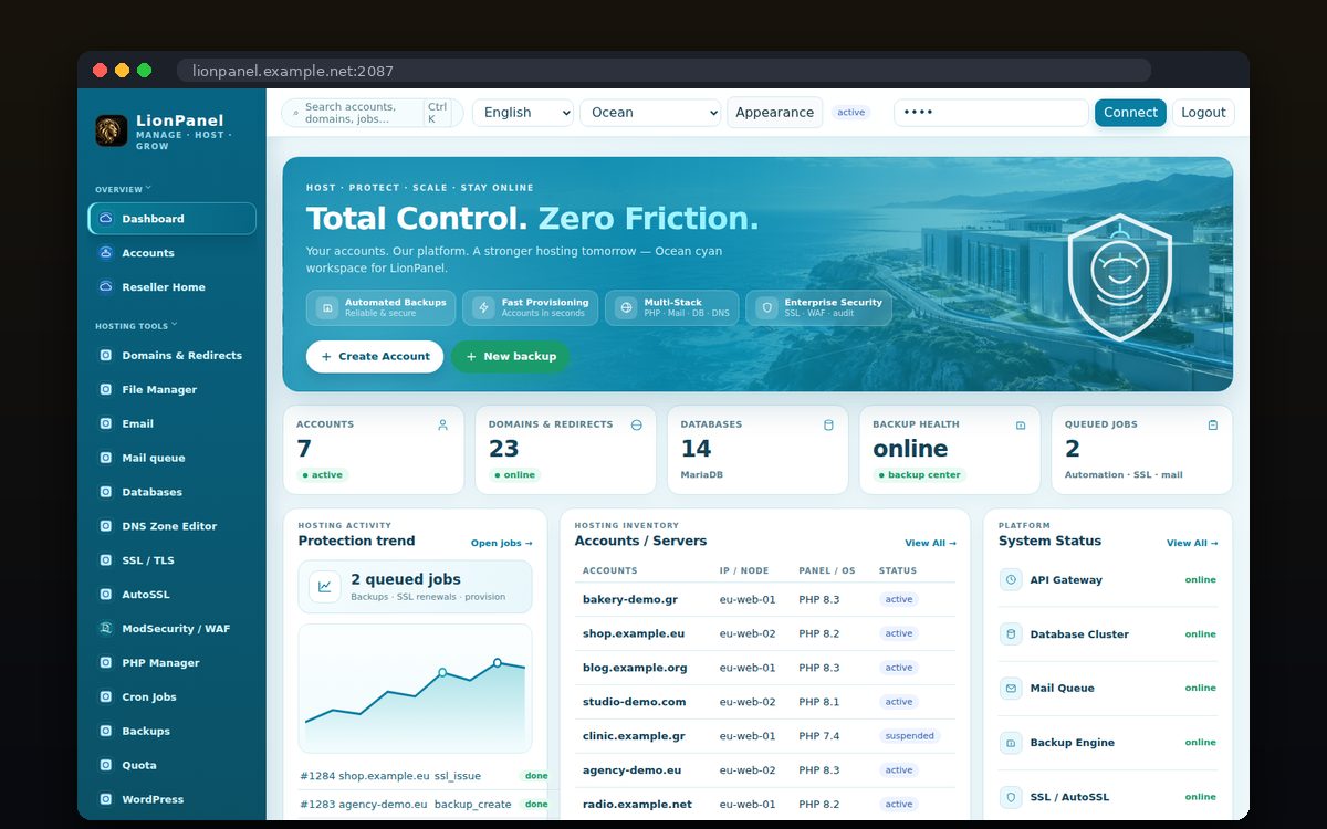 LionPanel — Θέμα Ocean: έλεγχος λογαριασμών και υπηρεσιών