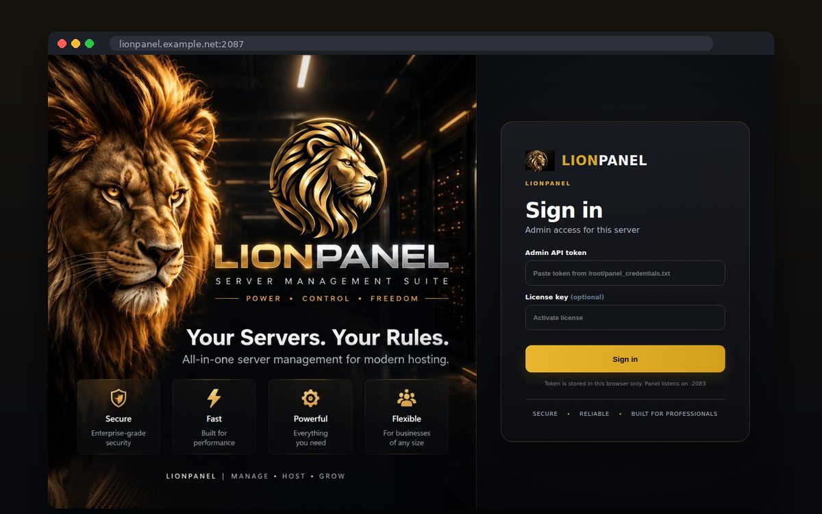 LionPanel — Οθόνη σύνδεσης