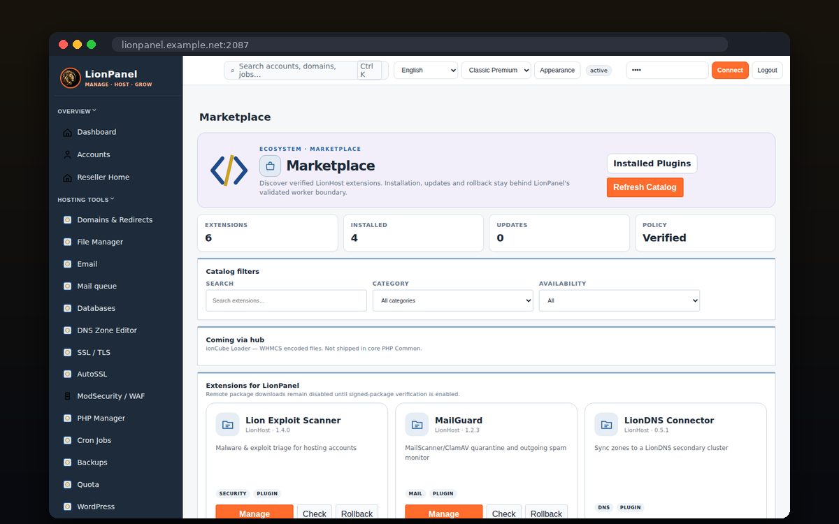 LionPanel — Επεκτάσεις με rollback από το marketplace