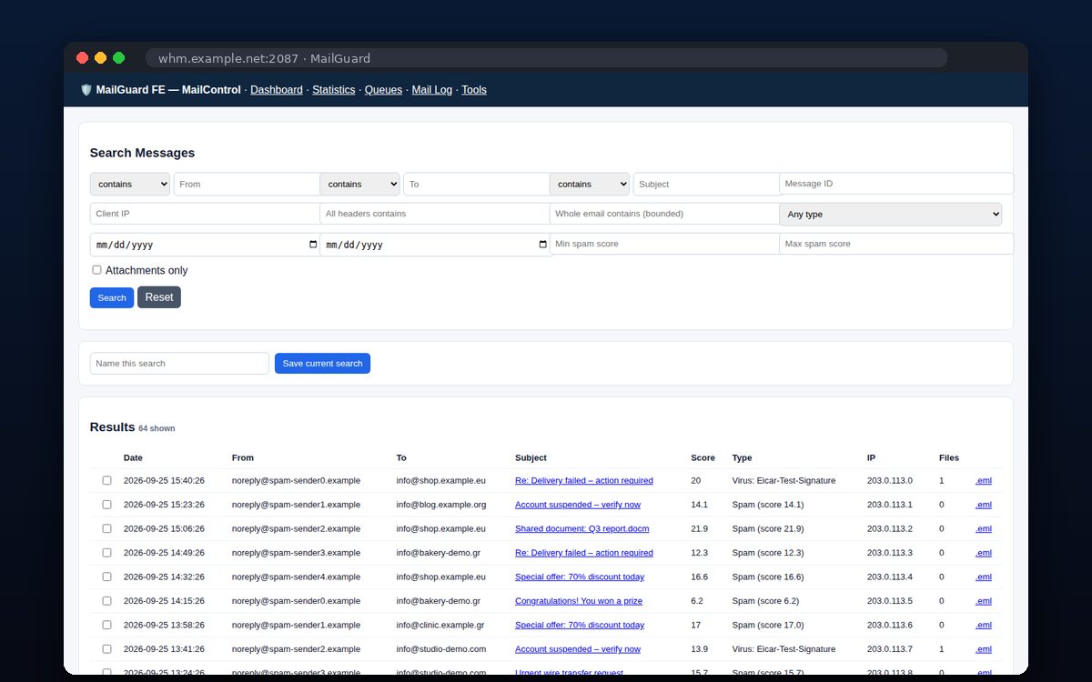 MailGuard — Αναζήτηση μηνυμάτων σε όλο τον server