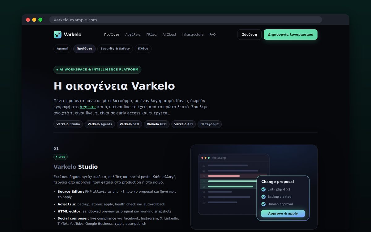 Varkelo — Studio, Agents, SEO, GEO, API